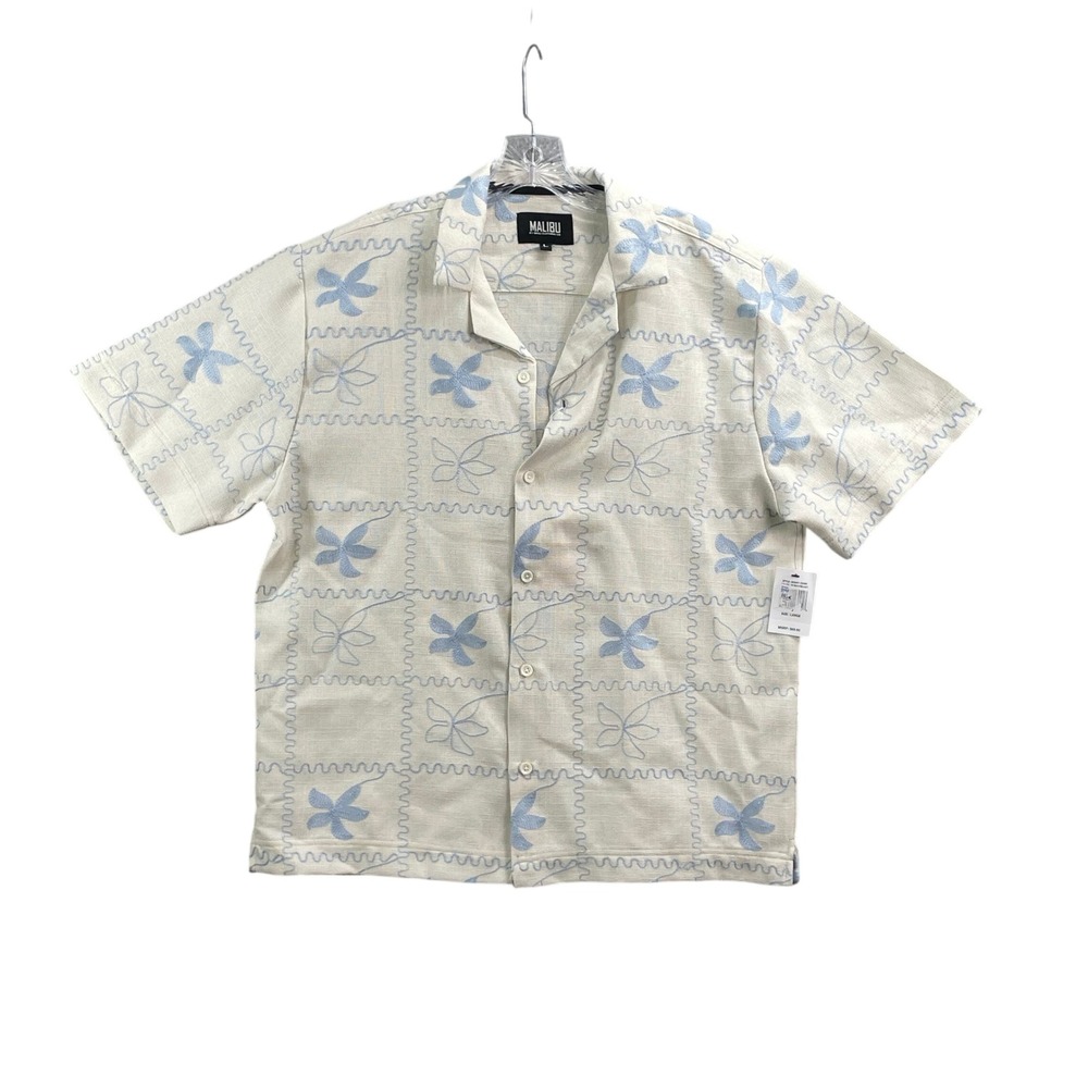 Malibu Hawaiian Shirt Men Large Ecru Blue Embroidered Floral Skate Surf Tropical